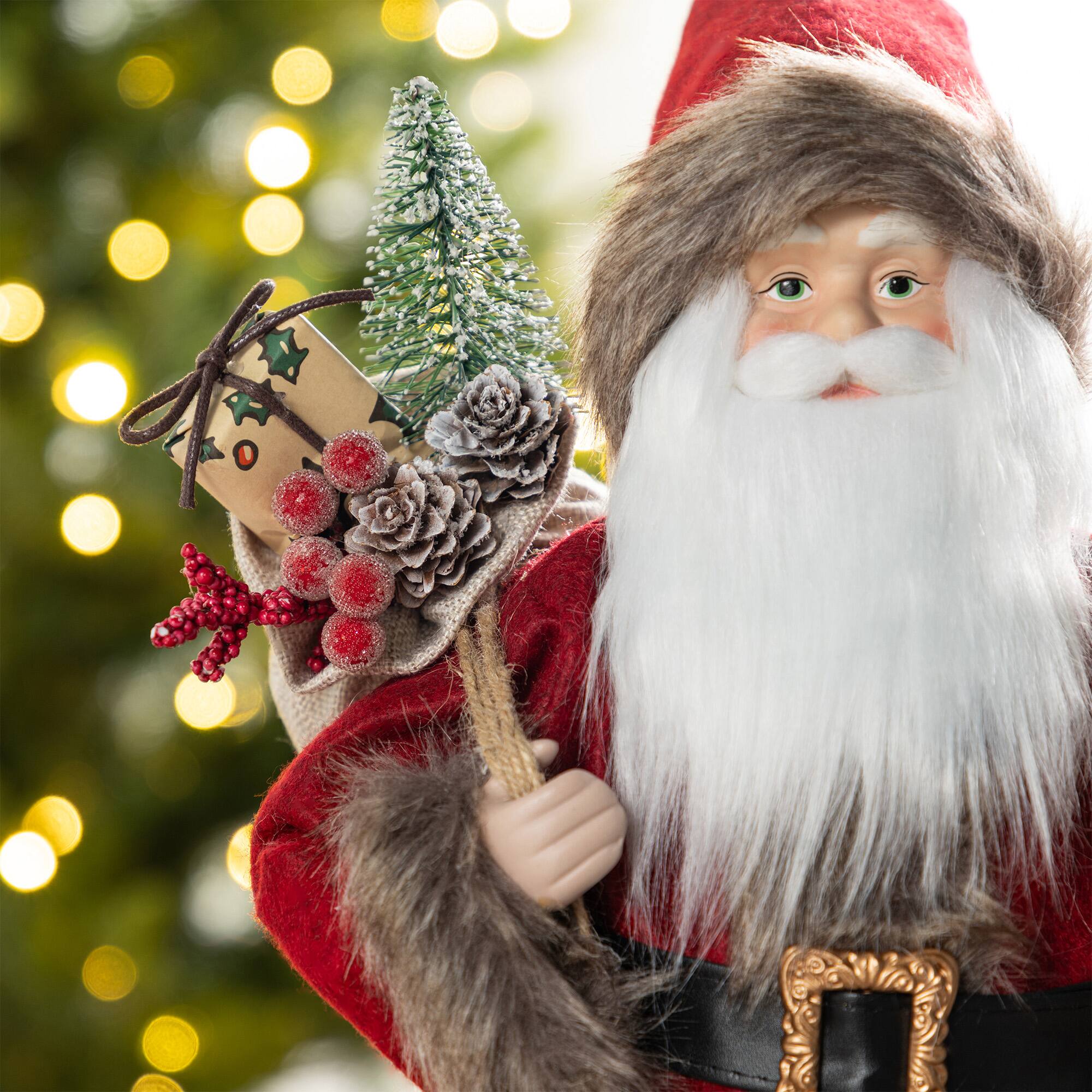 Glitzhome® 18"H Faux Fur Christmas Red Woodland Santa Figurine with Porcelain Face